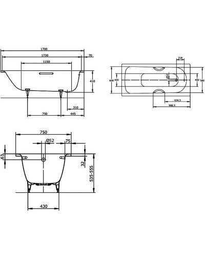 Стальная ванна Kaldewei Saniform Plus Star 336 170х75 133600013001 с покрытием Easy-clean с отверстиями под ручки