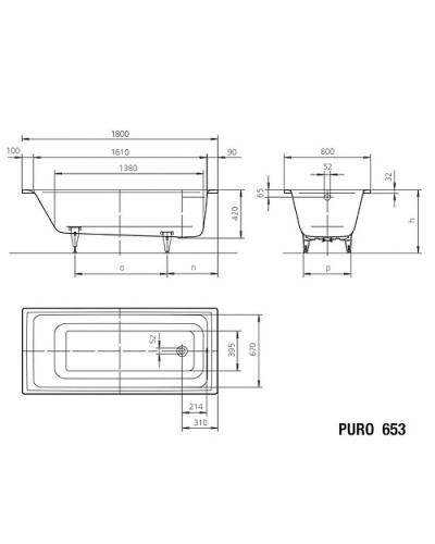 Стальная ванна Kaldewei Puro 653 180x80 256300010001 без покрытия