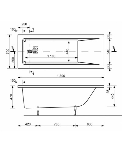Ванна из искусственного камня Эстет Дельта 180х70 ФР-00001661 без гидромассажа