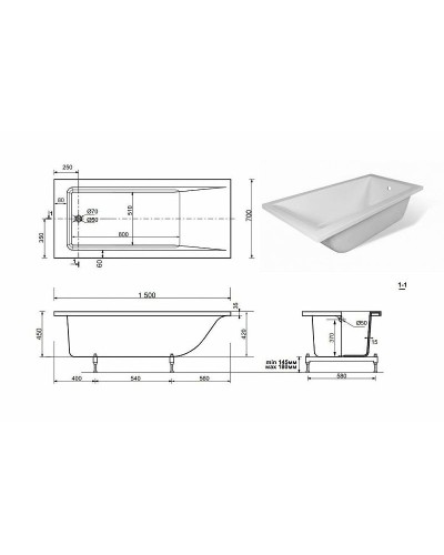 Ванна из искусственного камня Эстет Дельта 150х70 ФР-00001470 без гидромассажа
