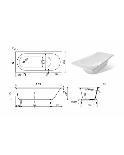 Ванна из искусственного камня Эстет Честер 170х75 ФР-00000692 без гидромассажа