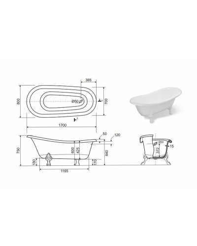 Ванна из искусственного камня Эстет Марсель 170х80 ФР-00001849 без гидромассажа