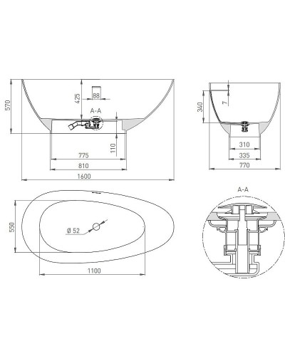 Ванна из литьевого мрамора 160x77 см Salini S-Stone Paola 101511SM
