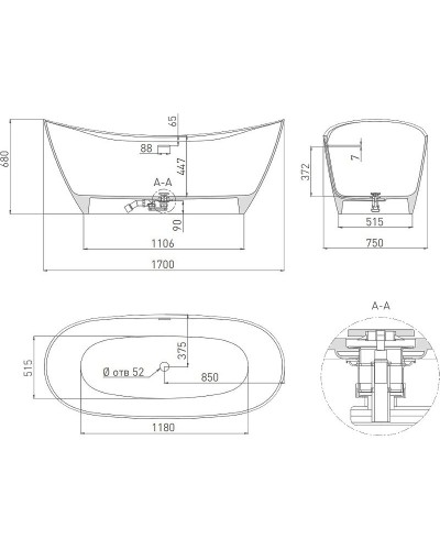 Ванна из литьевого мрамора 170,5x75,5 см Salini S-Stone Noemi 101722M