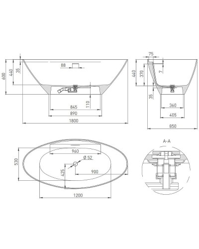 Ванна из литьевого мрамора 178x85,5 см Salini S-Stone Diva, покраска по RAL полностью 102221MRF