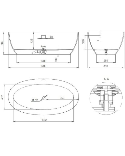 Ванна из литьевого мрамора 170x81 см Salini S-Stone Alda 101922M