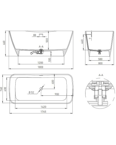 Ванна из литьевого мрамора 179x82 см Salini S-Stone Agatha, покраска по RAL полностью 100221MRF