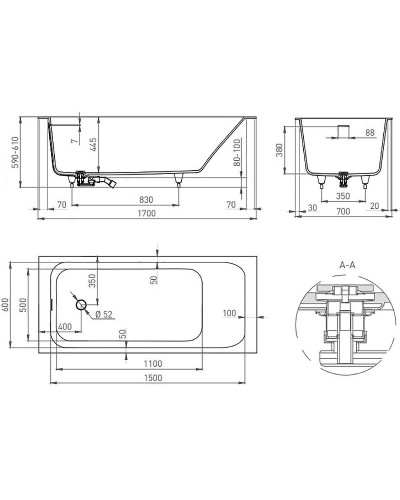 Ванна из литьевого мрамора 170x70 см Salini S-Stone Orlanda Kit 102121M