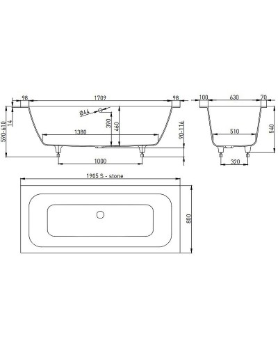 Ванна из литьевого мрамора 191,1x80,5 см Salini S-Stone Orlanda Axis 103221M