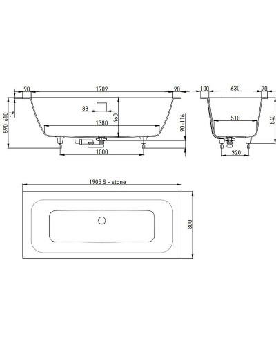 Ванна из литьевого мрамора 191,1x80,5 см Salini S-Stone Orlanda Axis Kit 103321M