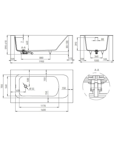 Ванна из литьевого мрамора 189x99 см Salini S-Stone Orlanda Kit Plus 102124M