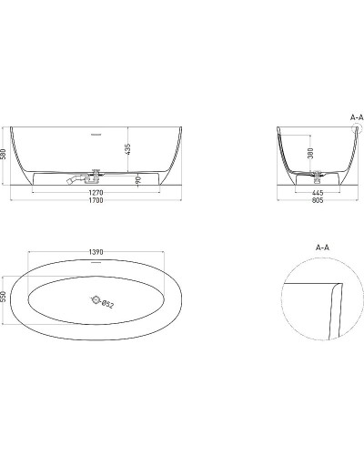 Ванна из литьевого мрамора 170x81 см Salini S-Sense Alda 101912G