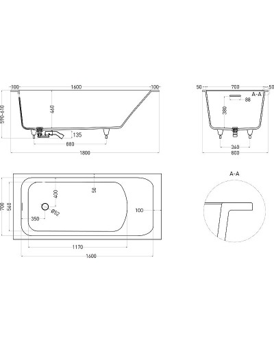 Ванна из литьевого мрамора 180x80 см Salini S-Sense Orlanda Kit 102112G