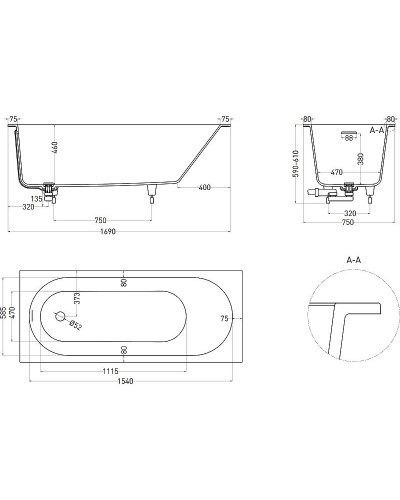 Ванна из литьевого мрамора 170x75 см Salini S-Sense Ornella Kit 102411G