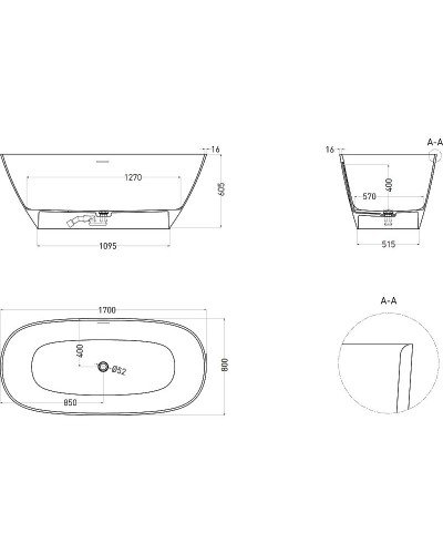 Ванна из литьевого мрамора 169,5x80,5 см Salini S-Sense Sofia 102516G