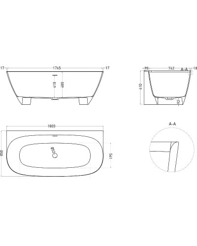 Ванна из литьевого мрамора 180x85 см Salini S-Sense Sofia Wall 102513G