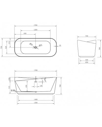 Ванна из искусственного камня Abber Stein 170x75 AS9609 без гидромассажа