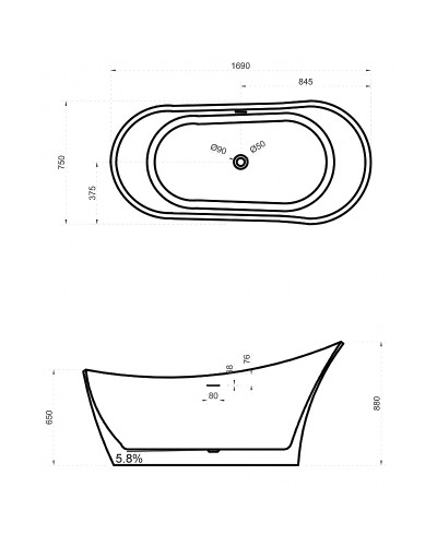 Ванна из искусственного камня Abber Stein 169x75 AS9618 без гидромассажа