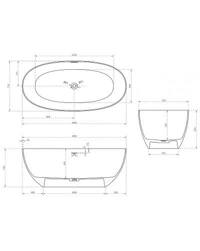 Ванна из искусственного камня Abber Stein 160x75 AS9624-1.6 без гидромассажа