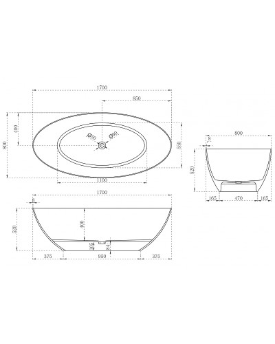 Ванна из искусственного камня Abber Stein 170x80 AS9625-1.7 без гидромассажа