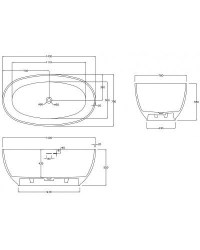 Ванна из искусственного камня Abber Stein 140x78 AS9641-1.4 без гидромассажа