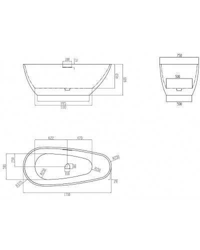 Ванна из искусственного камня Abber Dortmund 170x75 AM9911BW Черно-белая матовая без гидромассажа