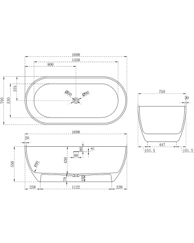 Ванна из искусственного камня Abber Stein 160x75 AS9613-1.6 без гидромассажа
