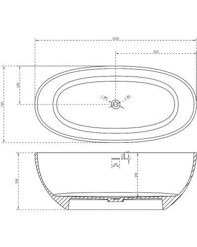 Ванна из искусственного камня Abber Stein 165x78 AS9620-1.6 без гидромассажа