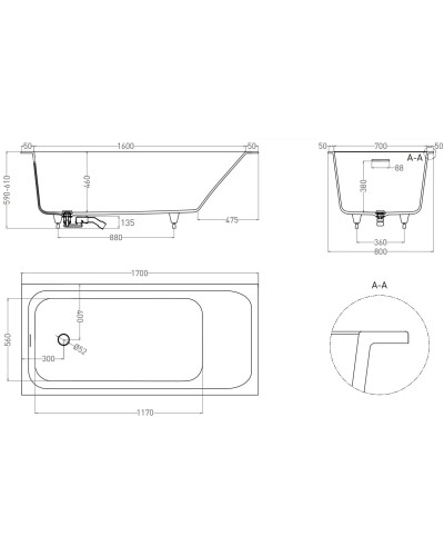 Ванна из литьевого мрамора 170x80 см Salini S-Stone Orlanda Kit 102126M