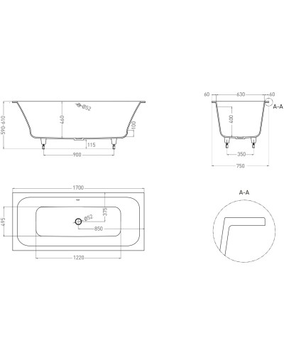 Ванна из литьевого мрамора 170x75 см Salini S-Sense Orlanda Axis 103213G