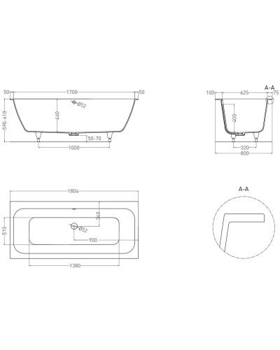 Ванна из литьевого мрамора 180,4x80 см Salini S-Stone Orlanda Axis 103222M