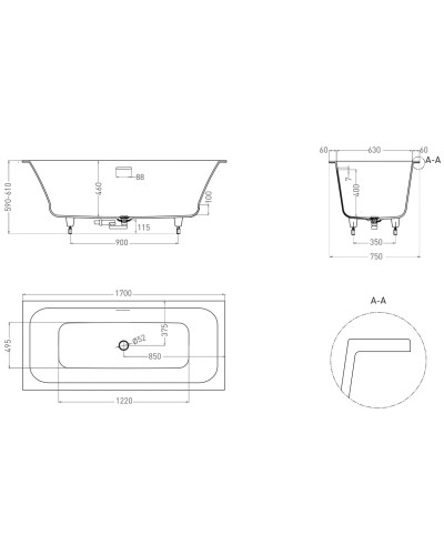 Ванна из литьевого мрамора 170x75 см Salini S-Stone Orlanda Axis Kit 103323M