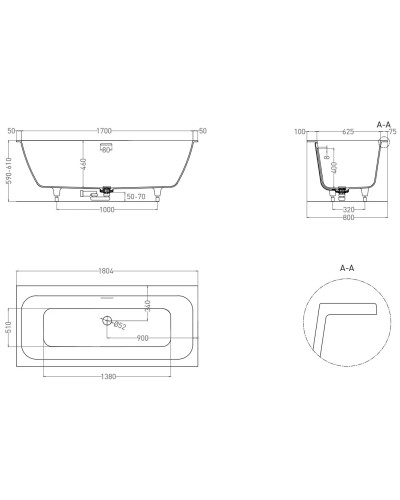 Ванна из литьевого мрамора 180,4x80 см Salini S-Stone Orlanda Axis Kit 103322M