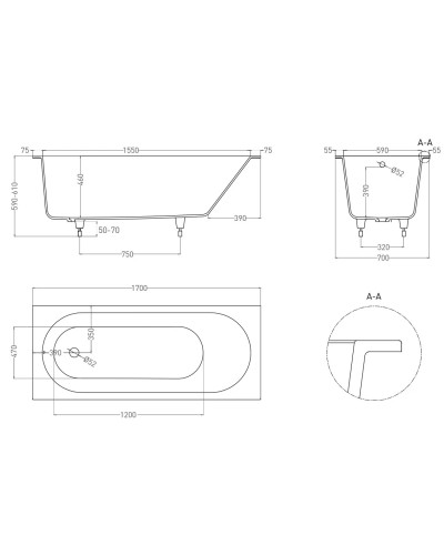 Ванна из литьевого мрамора 170x70 см Salini S-Sense Ornella 102313G
