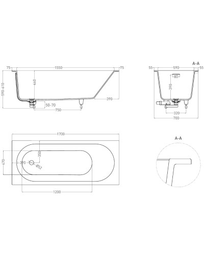 Ванна из литьевого мрамора 170x70 см Salini S-Sense Ornella Kit 102413M