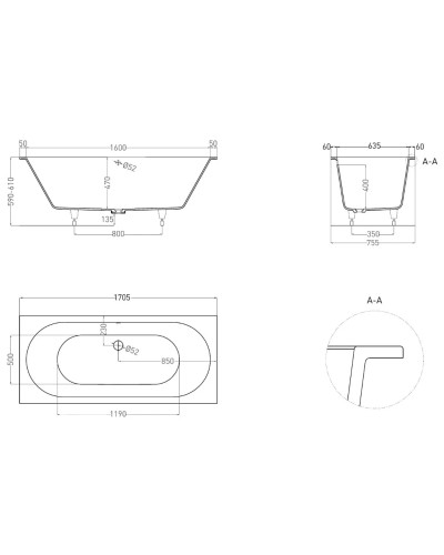 Ванна из литьевого мрамора 170,5x75,5 см Salini S-Stone Ornella Axis 103423M
