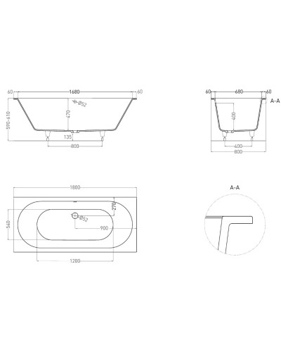 Ванна из литьевого мрамора 180x80 см Salini S-Sense Ornella Axis 103411M