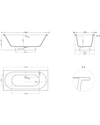 Ванна из литьевого мрамора 190,5x90,5 см Salini S-Stone Ornella Axis 103422M