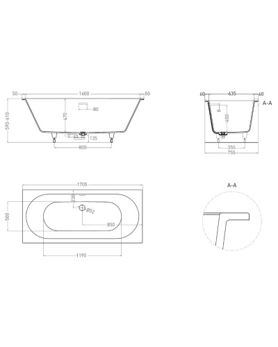 Ванна из литьевого мрамора 170,5x75,5 см Salini S-Sense Ornella Axis Kit 103513G