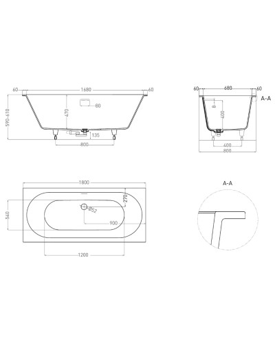 Ванна из литьевого мрамора 180x80 см Salini S-Stone Ornella Axis Kit 103521M