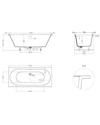 Ванна из литьевого мрамора 190,5x90,5 см Salini S-Sense Ornella Axis Kit 103512M