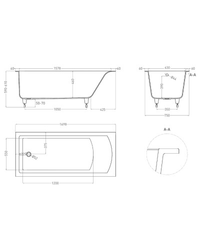 Ванна из литьевого мрамора 169,8x75 см Salini S-Sense Cascata 104113G
