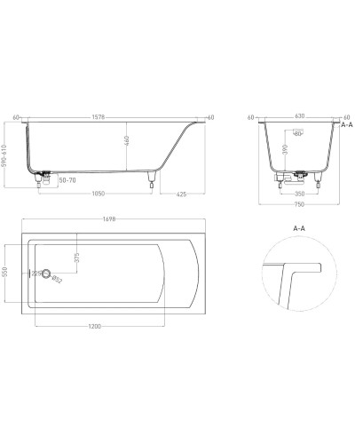 Ванна из литьевого мрамора 169,8x75 см Salini S-Stone Cascata Kit 104323M