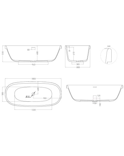 Ванна из литьевого мрамора 180x80 см Salini S-Stone Greca In 104821M