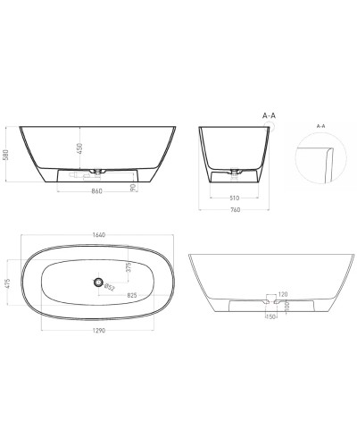Ванна из литьевого мрамора 164x76 см Salini S-Sense Sofia Light 103611G