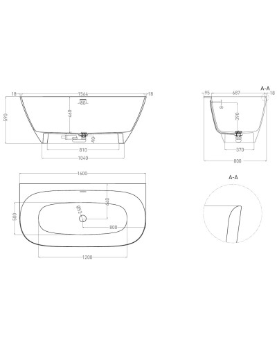 Ванна из литьевого мрамора 160x80 см Salini S-Sense Sofia Wall 102517G