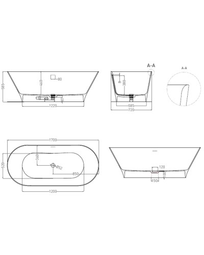 Ванна из литьевого мрамора 170x72 см Salini S-Sense Mona 102912G