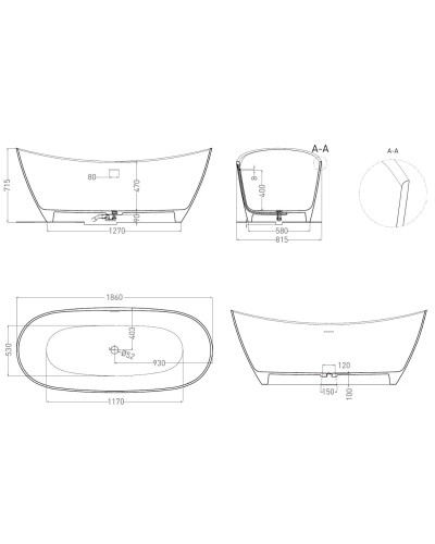 Ванна из литьевого мрамора 186x81,5 см Salini S-Sense Noemi, покраска по RAL полностью 101811GRF