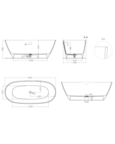 Ванна из литьевого мрамора 164,5x75,5 см Salini S-Sense Sofia, покраска по RAL полностью 102511GRF