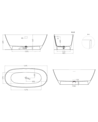 Ванна из литьевого мрамора 169,5x80,5 см Salini S-Stone Sofia, покраска по RAL полностью 102526MRF